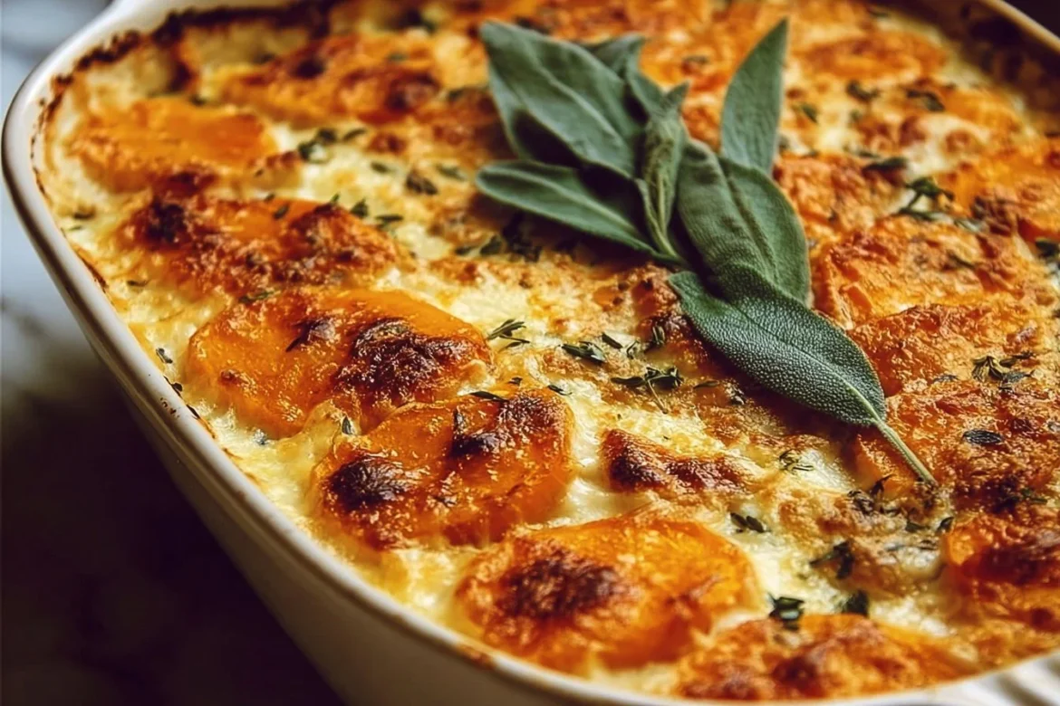 Creamy rich sage butternut squash gratin baked until golden brown