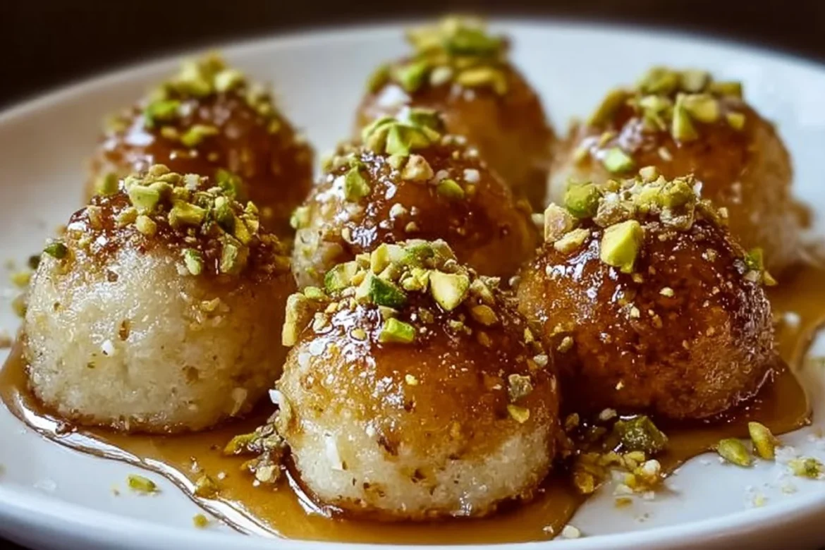 Ricotta pistachio honey bites on a plate, garnished with crushed pistachios.