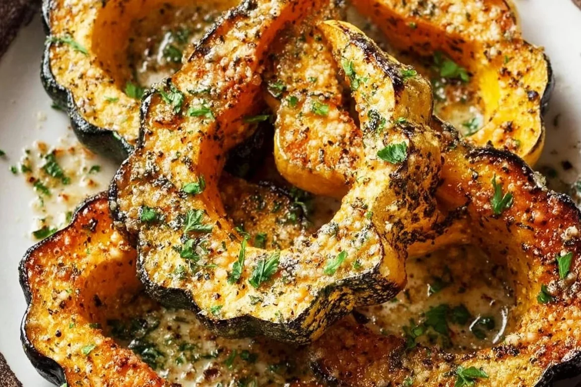 Roasted acorn squash with Parmesan herb seasoning on a white plate