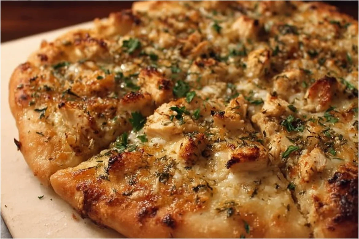 Roasted garlic white chicken pizza topped with cheese and herbs