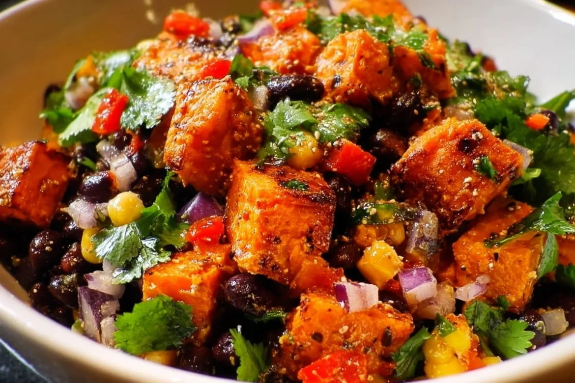 Roasted sweet potato black bean salad served in a bowl with fresh ingredients.
