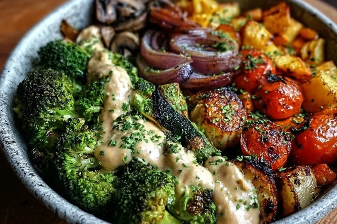 Colorful roasted veggie bowls filled with fresh vegetables and grains