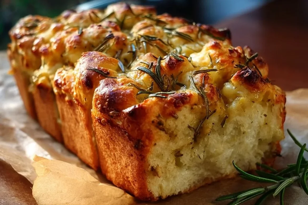 Freshly baked rosemary garlic pull apart bread served on a wooden cutting board.