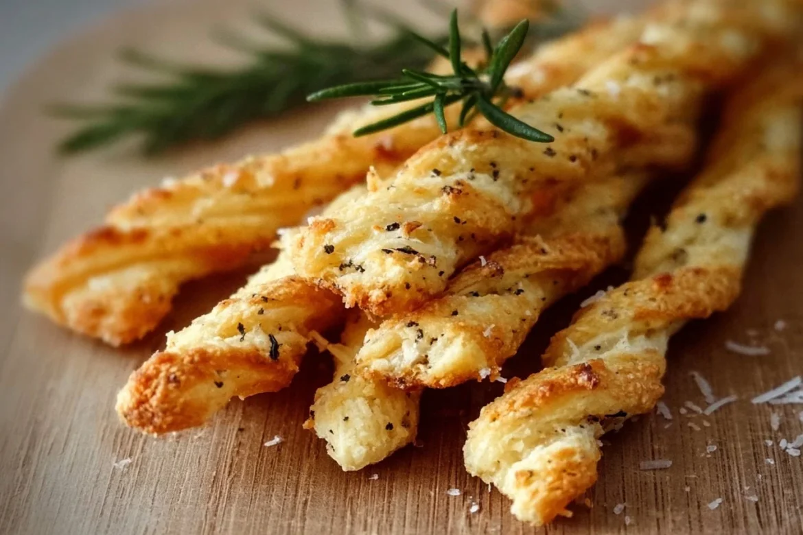 Freshly baked Rosemary Parmesan cheese straws on a plate