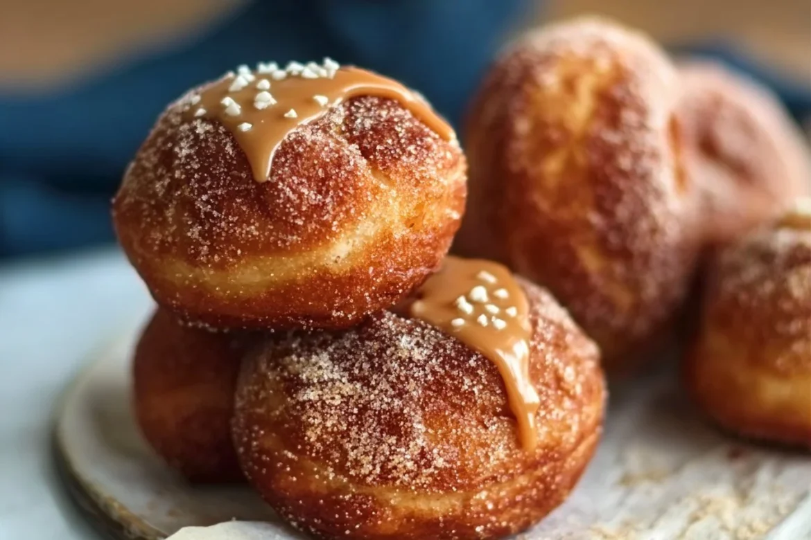 Salted Caramel Brioche Donuts topped with caramel sauce and sea salt