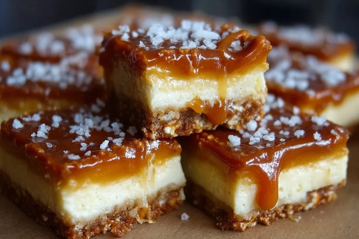 Delicious salted caramel pretzel cheesecake squares topped with caramel sauce.