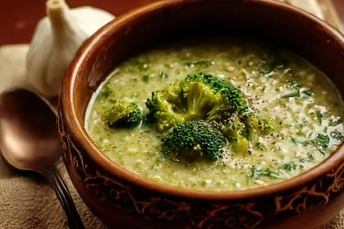 Delicious Garlic Italian Broccoli Soup in a bowl with fresh herbs and garlic