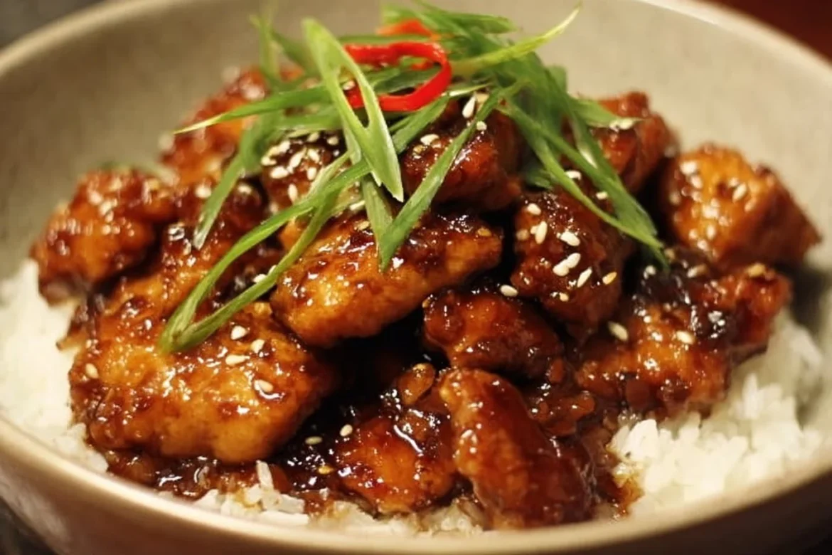 Plate of Vietnamese Caramel Ginger Chicken garnished with herbs