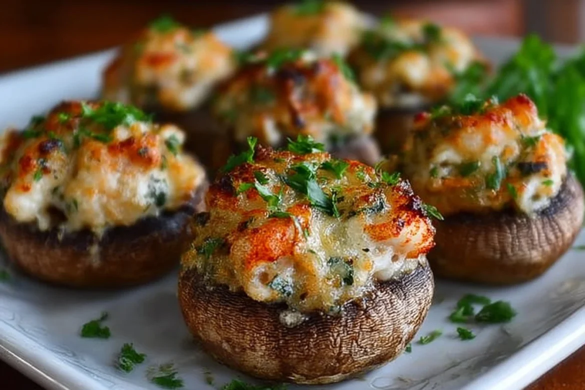 Baked seafood stuffed mushrooms topped with cheese and herbs