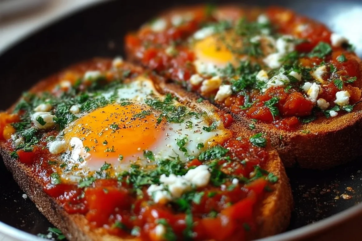 Delicious Shakshouka Toast topped with fresh herbs and spices.