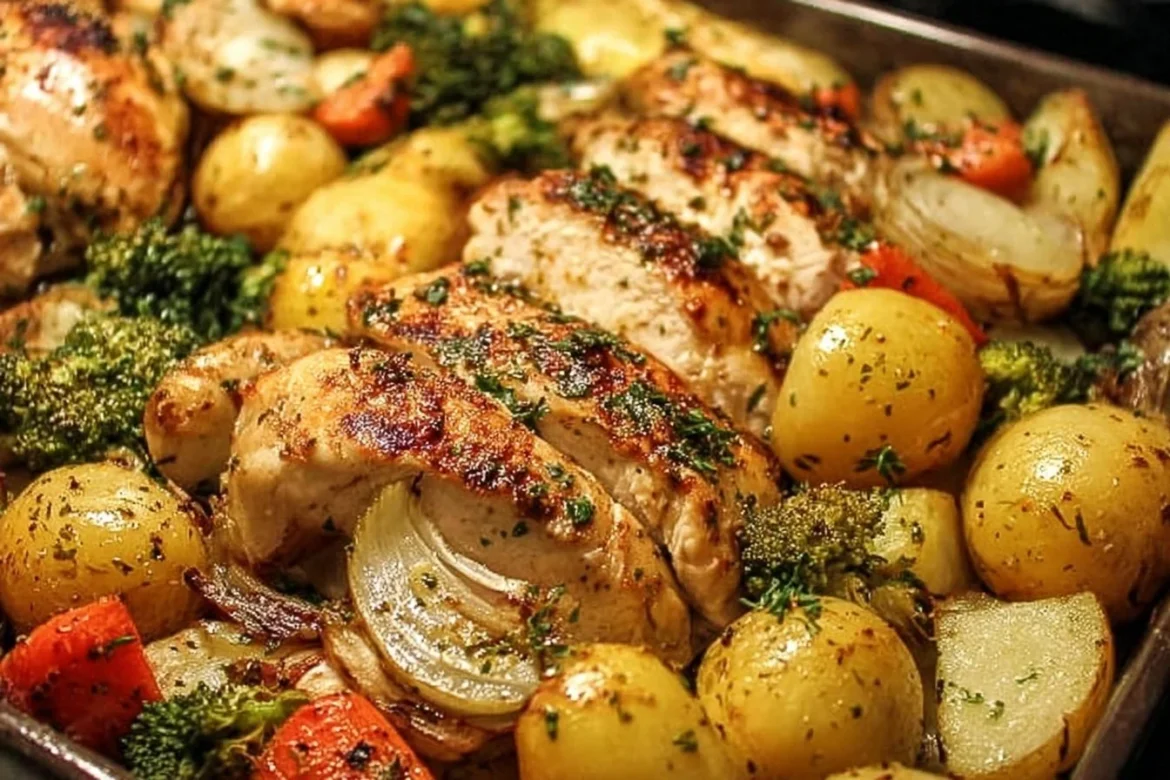 Sheet Pan Garlic Butter Chicken with roasted vegetables on a baking sheet