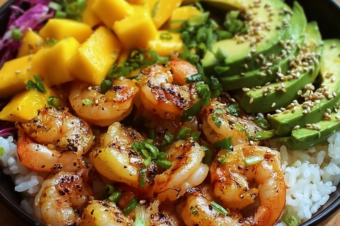 Shrimp Avocado Mango Rice Bowl with vibrant colors and fresh ingredients