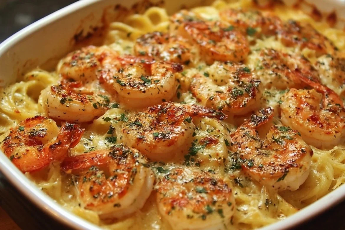 Shrimp Scampi Pasta Bake topped with herbs and cheese in a baking dish.