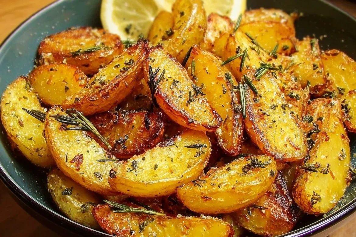Crispy Greek lemon potatoes served on a plate, garnished with herbs