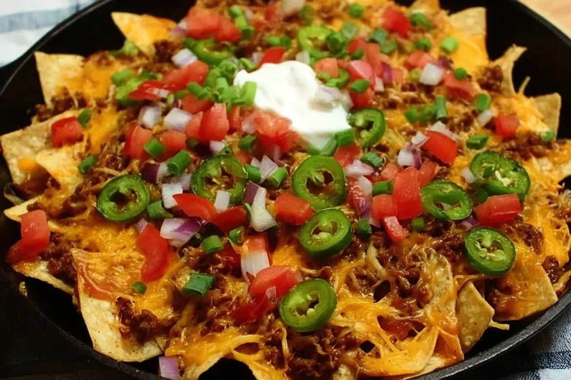 Delicious skillet nachos loaded with cheese, jalapeños, and toppings