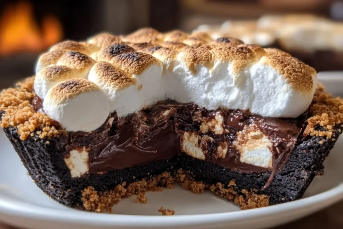Delicious S’mores Brownie Pie with layers of chocolate and marshmallow.