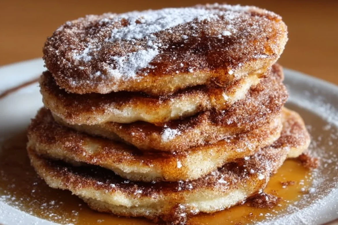 Golden Spanish churro pancakes drizzled with chocolate and sprinkled with cinnamon sugar