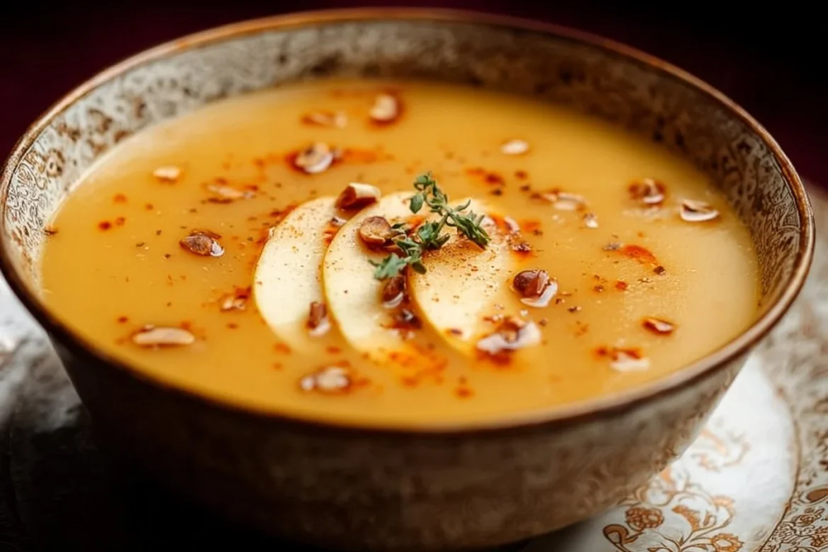 Bowl of spicy apple soup garnished with herbs and spices
