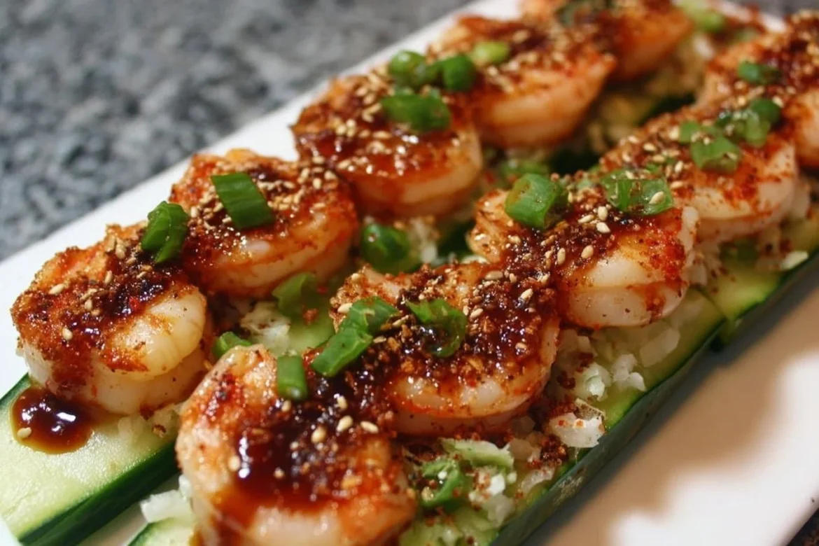 Spicy shrimp cucumber sushi boats presented on a decorative plate.