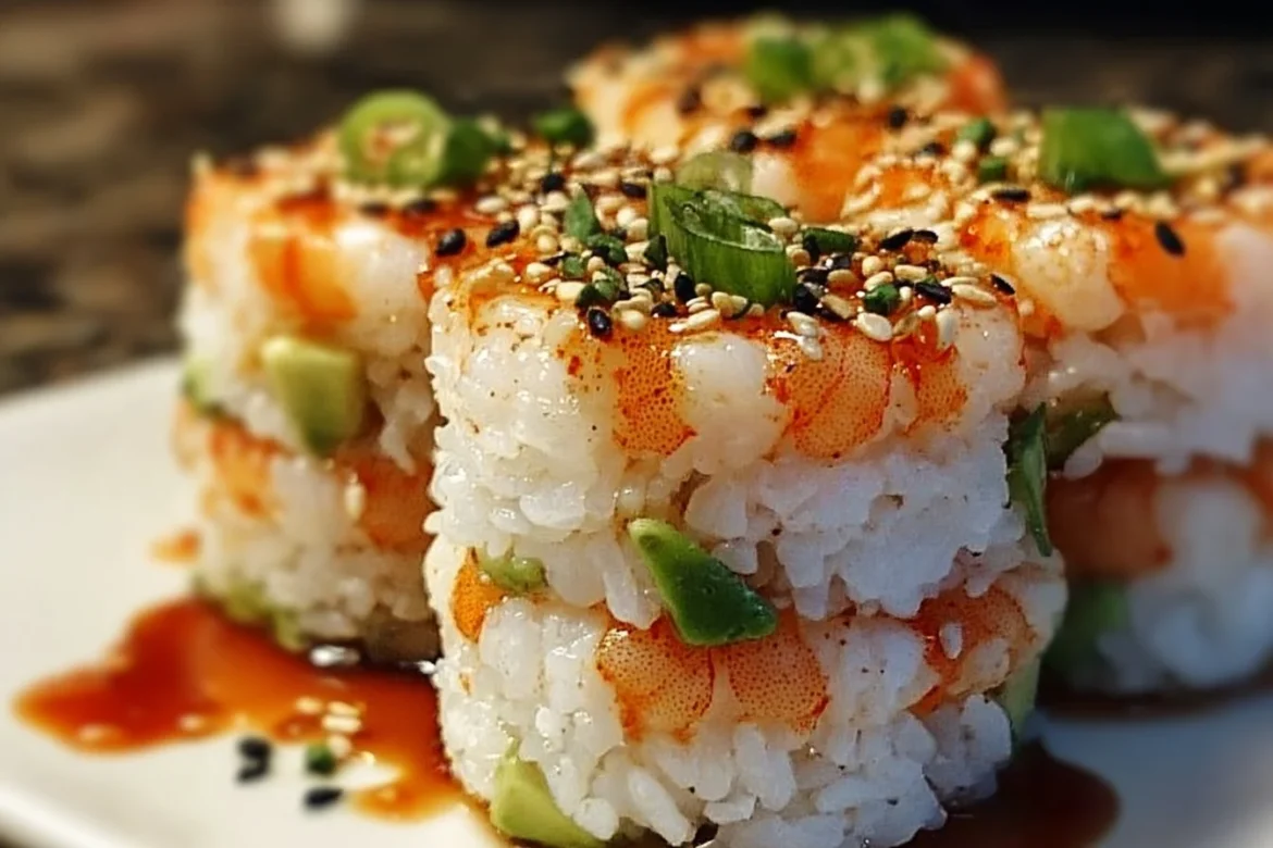 Spicy shrimp sushi stacks beautifully arranged on a platter.