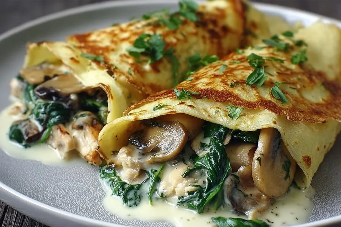 Delicious spinach mushroom chicken crepes served on a cozy dinner plate