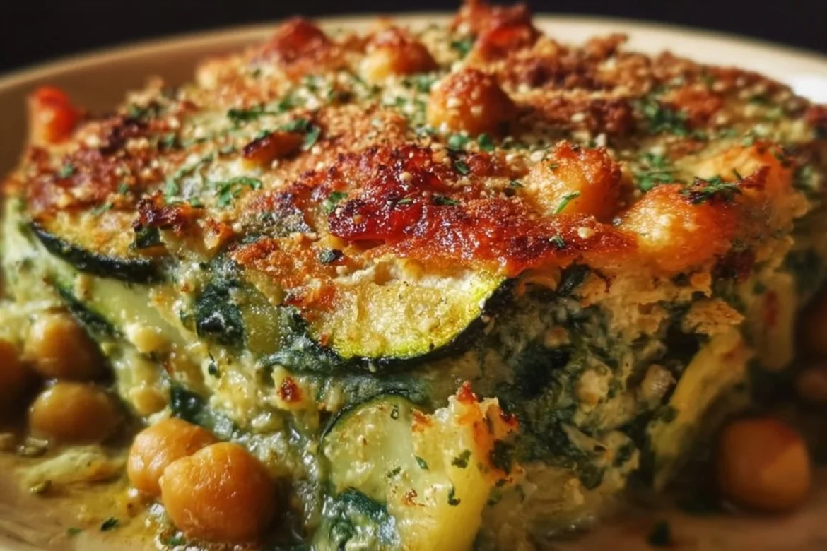 Healthy Spinach Zucchini Chickpea Bake prepared with fresh ingredients