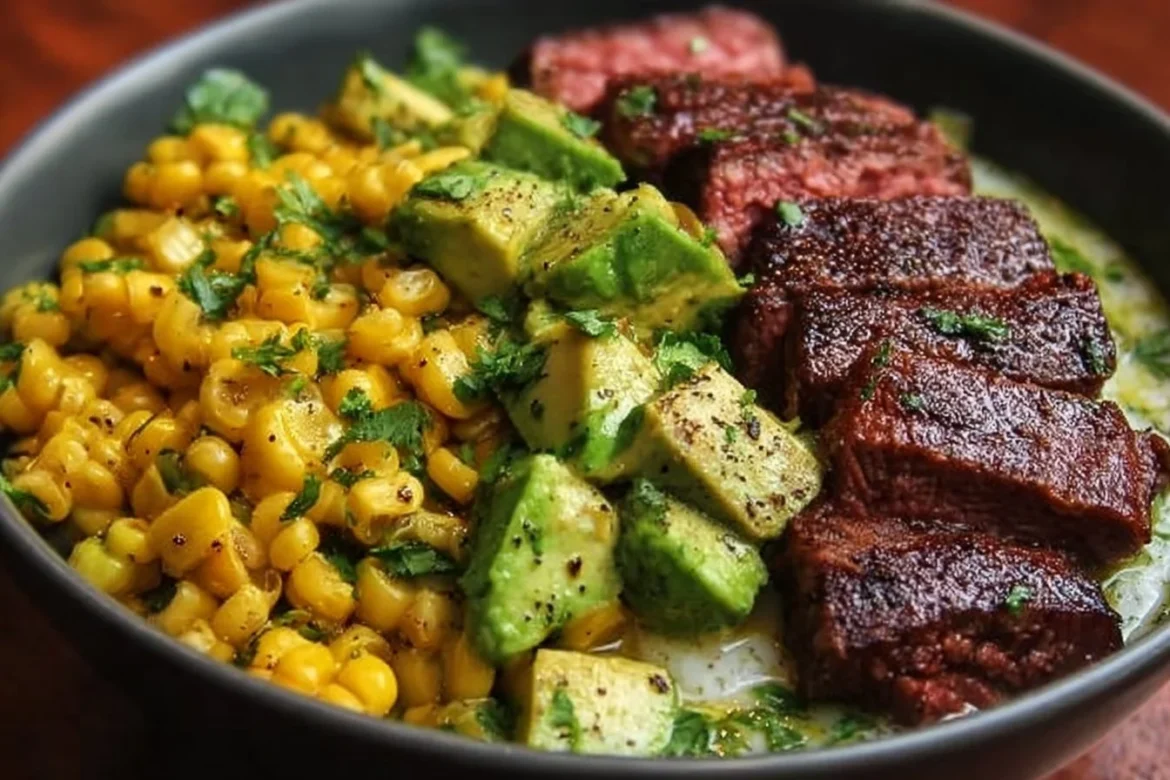 Delicious Steak Avocado Bowl with roasted corn, a nutritious meal option.