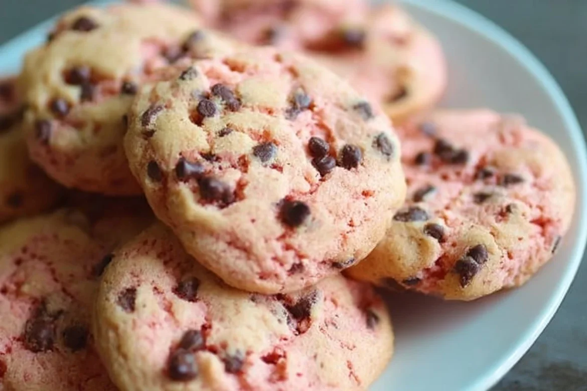Strawberry Cake Mix Chocolate Chip Cookies fresh from the oven