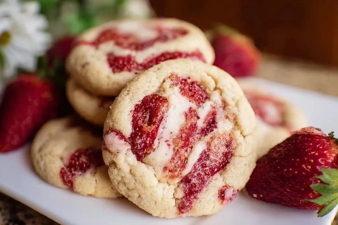 Freshly baked Strawberry Cheesecake Cookies on a cooling rack.