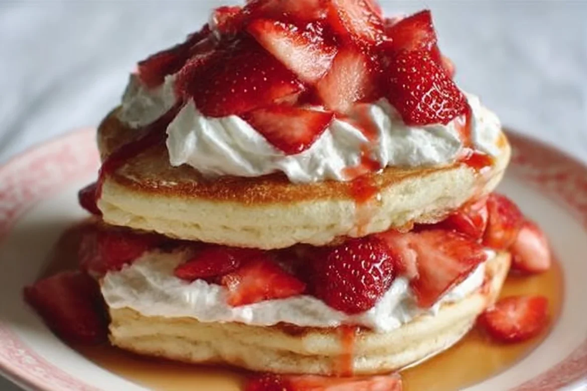 Fluffy strawberry cheesecake pancakes topped with fresh strawberries and whipped cream.