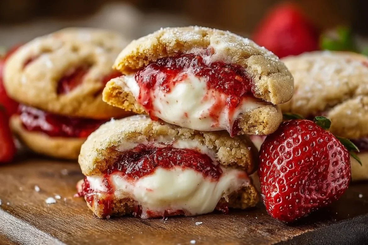 Strawberry cheesecake stuffed cookies with creamy filling and fresh strawberries