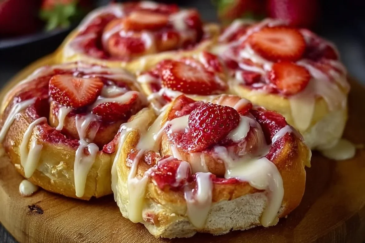 Delicious strawberry cheesecake sweet rolls topped with fresh strawberries