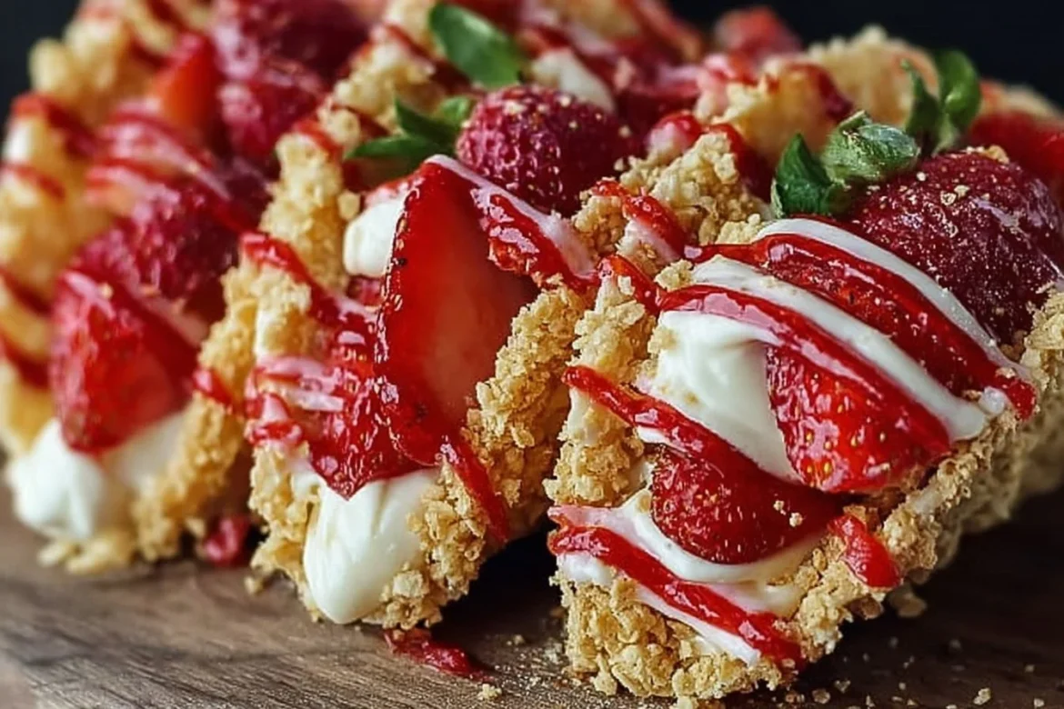 Strawberry crunch cheesecake tacos topped with strawberries and whipped cream