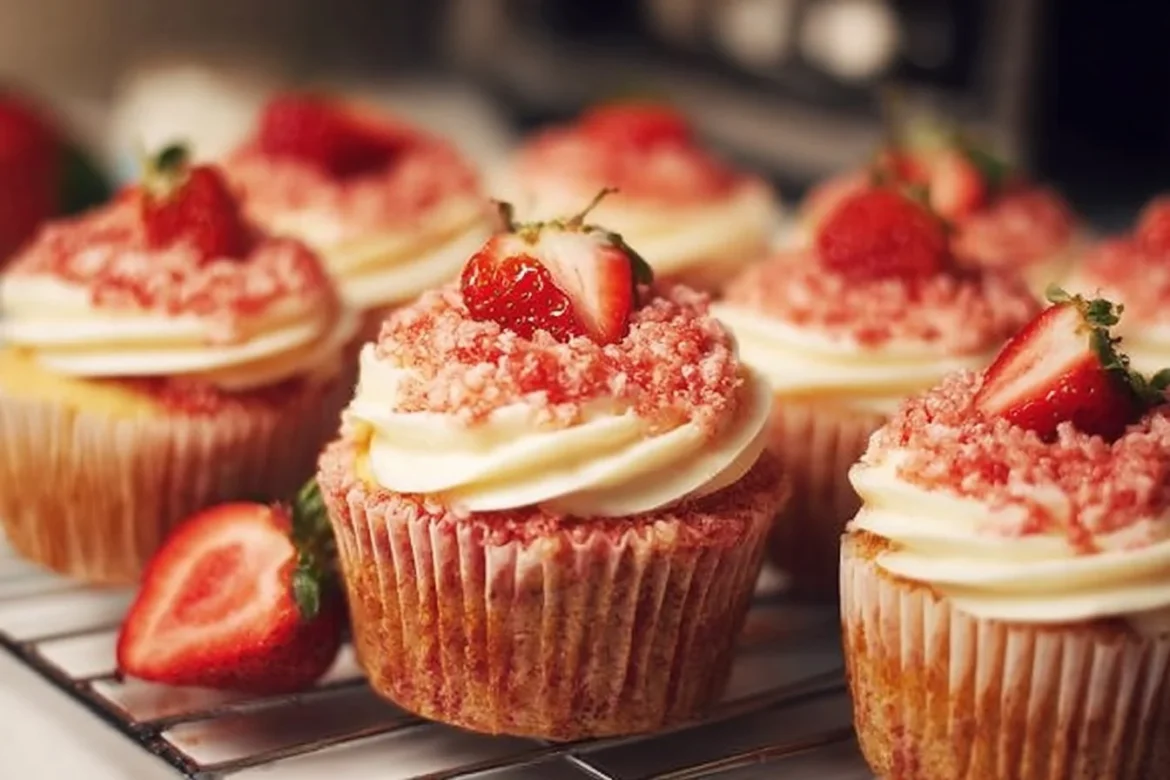 Delicious strawberry crunch cupcakes topped with strawberry frosting and crunch topping.