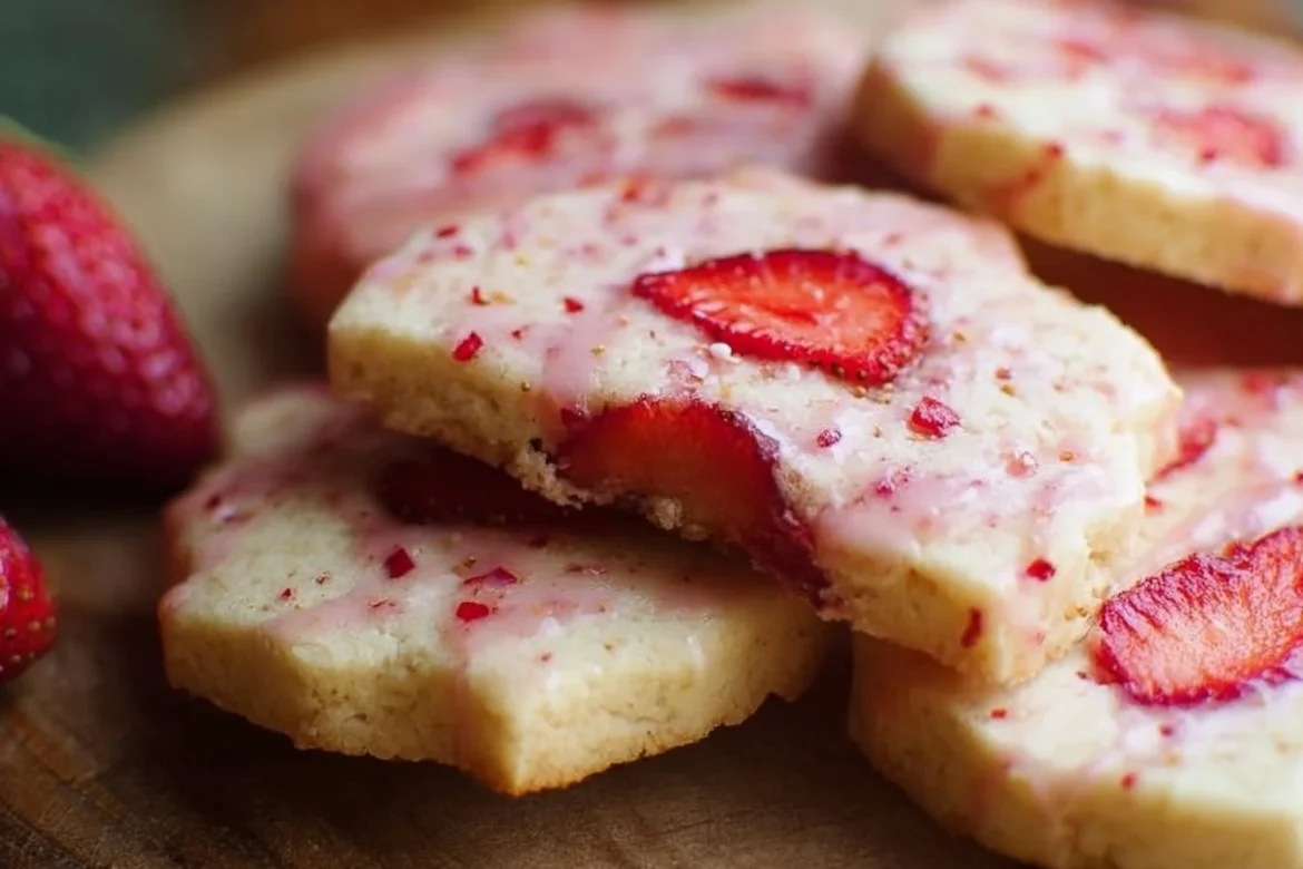 Freshly baked strawberry shortbread cookies on a cooling rack