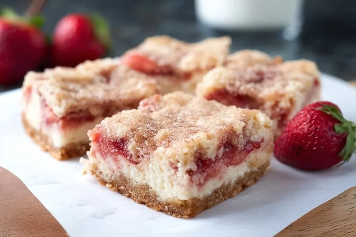 Delicious Strawberry Snickerdoodle Cheesecake Bars topped with fresh strawberries.