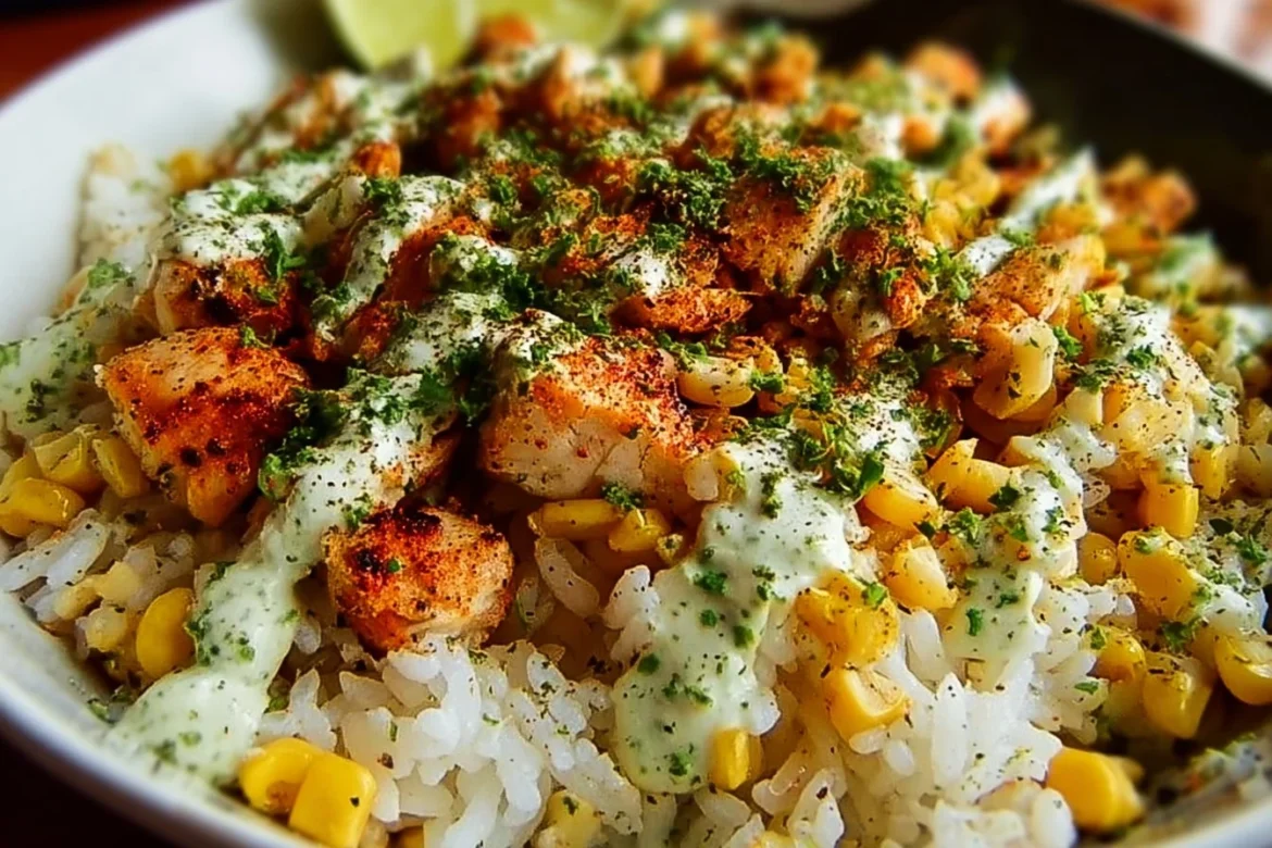 Delicious Street Corn Chicken Rice Bowl garnished with fresh herbs