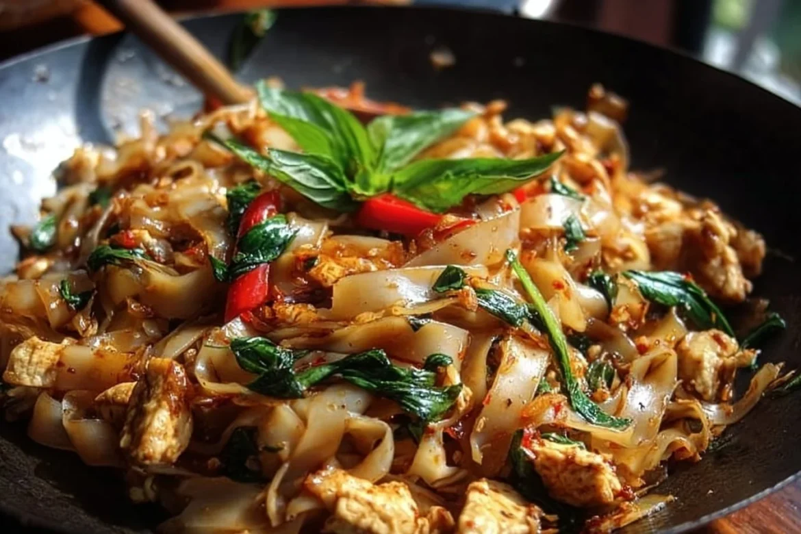 Delicious plate of Street Style Thai Drunken Noodles cooked with vibrant vegetables.