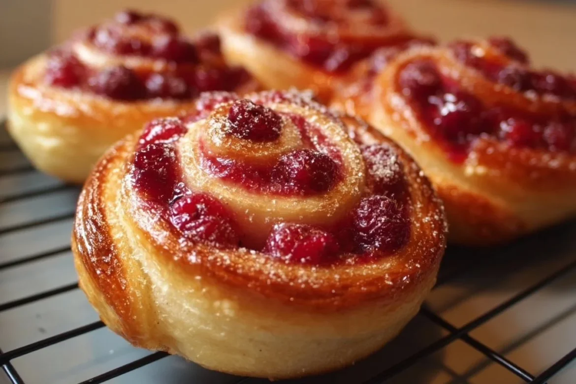 Delicious homemade Raspberry Danish Buns topped with sugar and fresh raspberries.