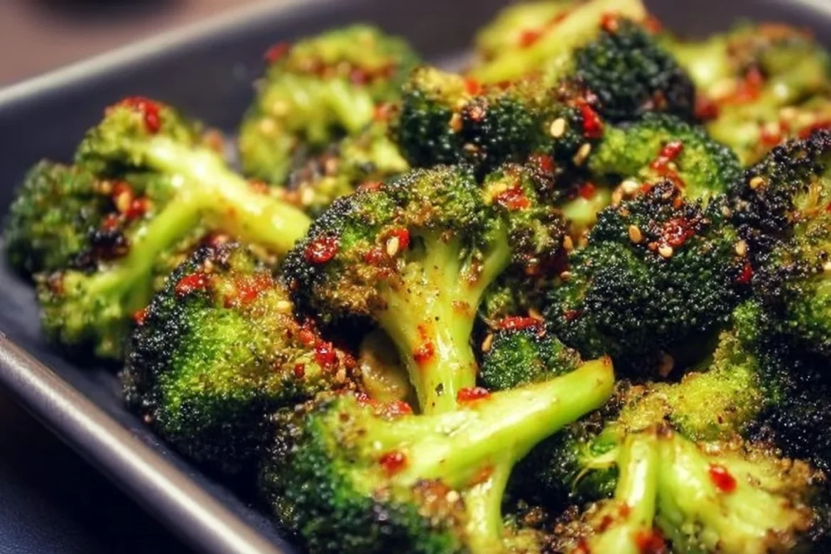 A plate of sweet chili roasted broccoli garnished with sesame seeds