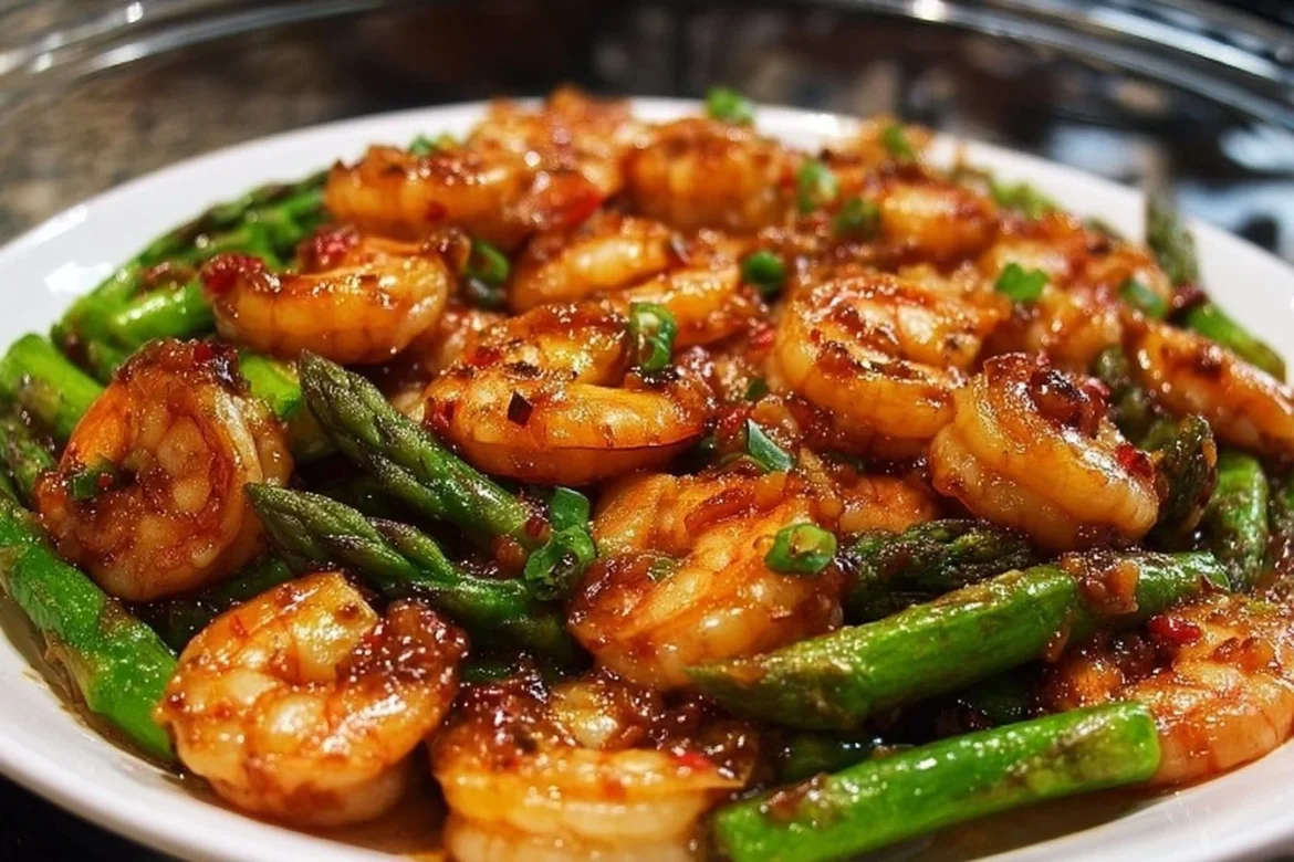 Delicious sweet chili shrimp served with fresh asparagus on a plate.