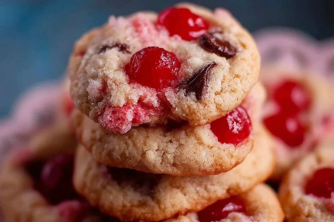 Delicious maraschino cherry cookies on a plate, topped with colorful sprinkles.