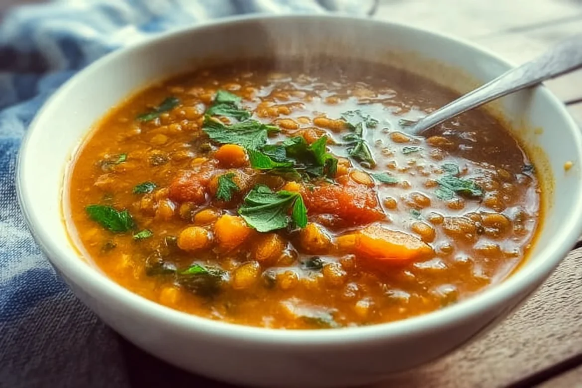 Bowl of Sweet Potato Lentil Soup garnished with herbs and spices