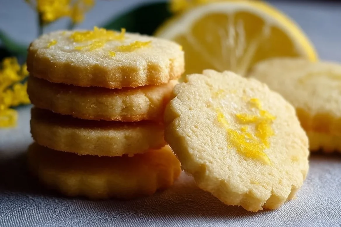 Delicious tangy lemon shortbread cookies piled on a plate