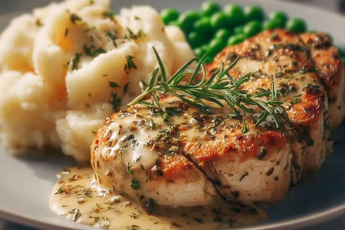 Delicious Boursin cheese chicken served with herbs and vegetables