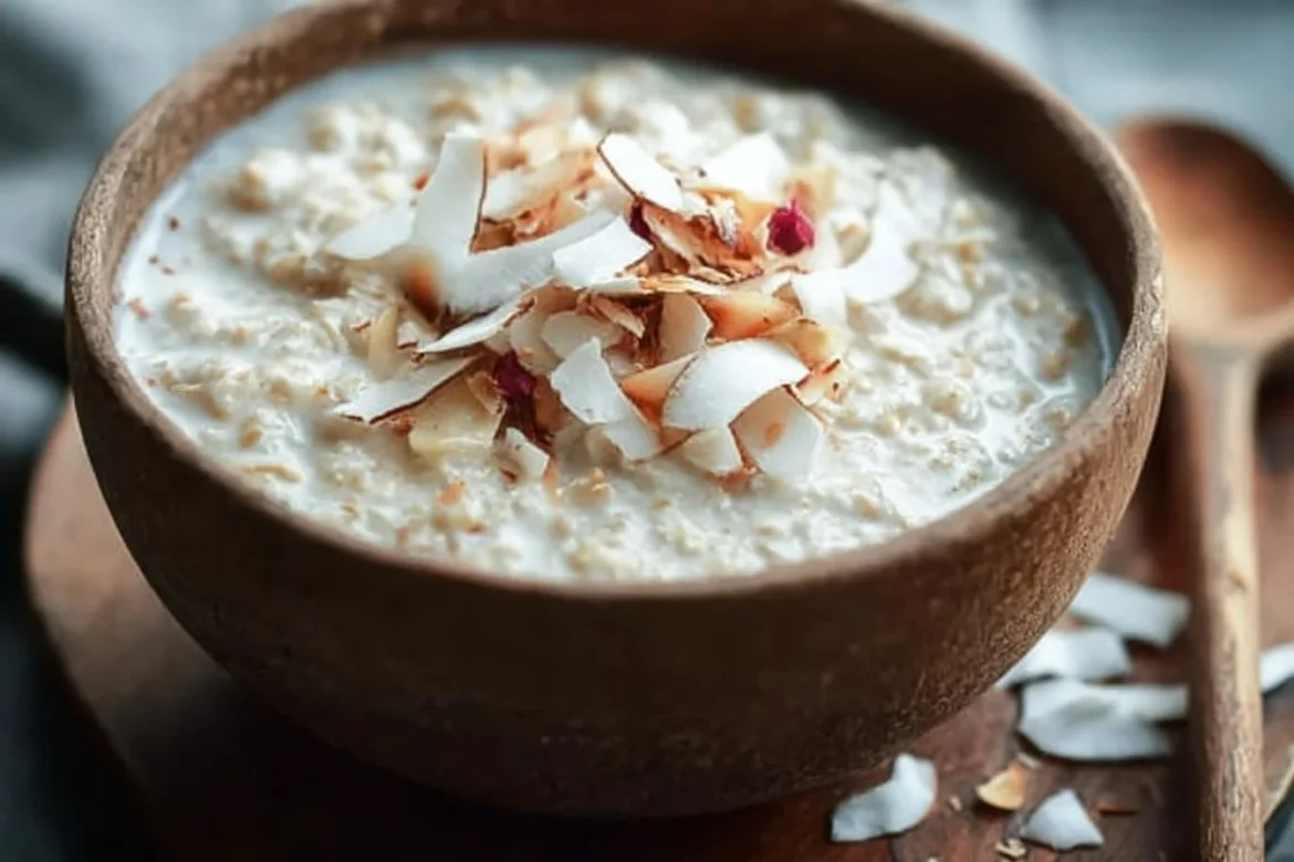 Bowl of tasty coconut cream oats topped with fruit and nuts