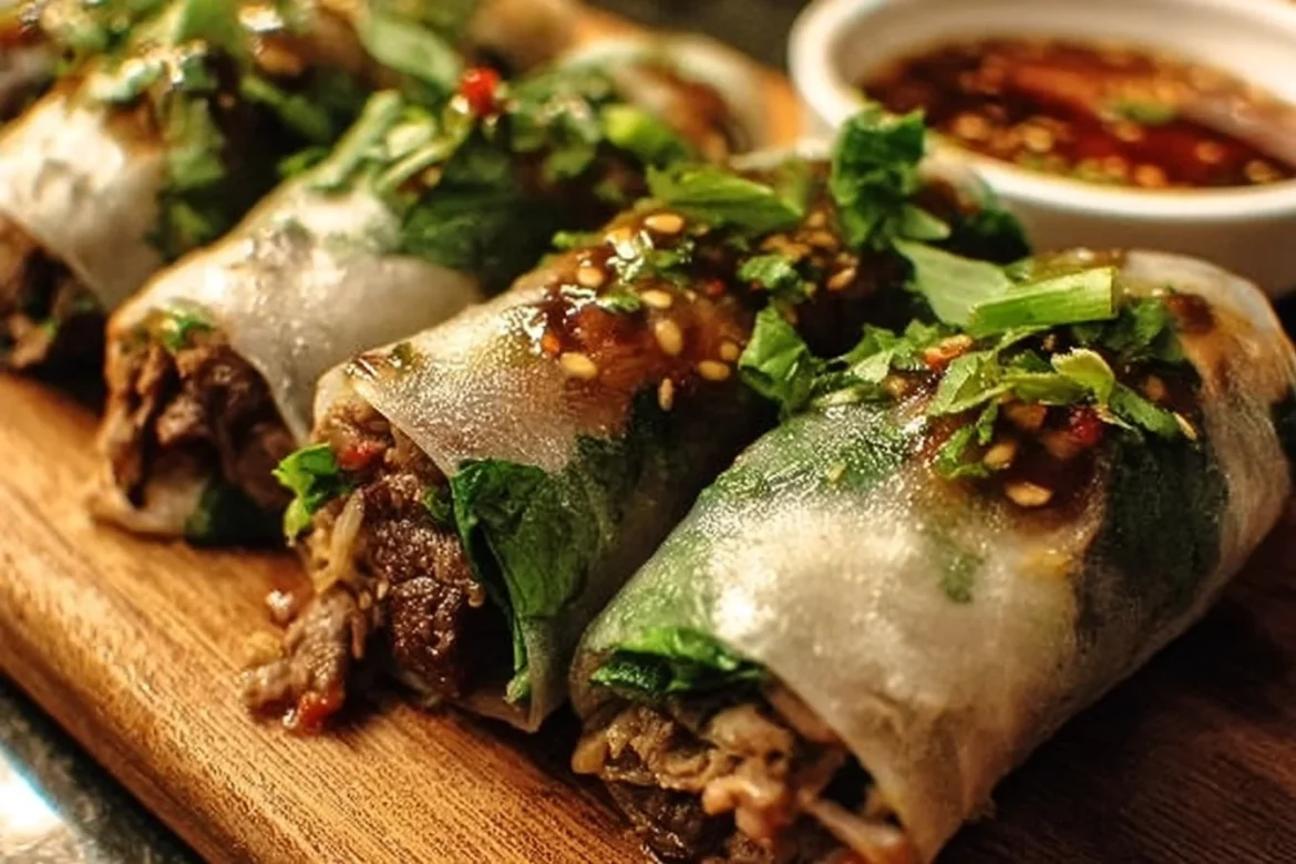 Plate of Thai Basil Beef Rolls garnished with fresh herbs and spices