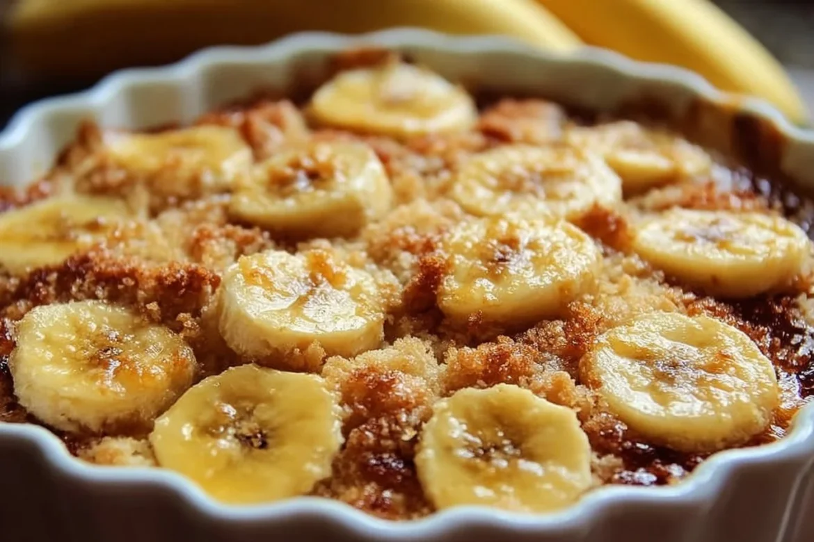 Delicious Southern banana cobbler dessert topped with whipped cream.