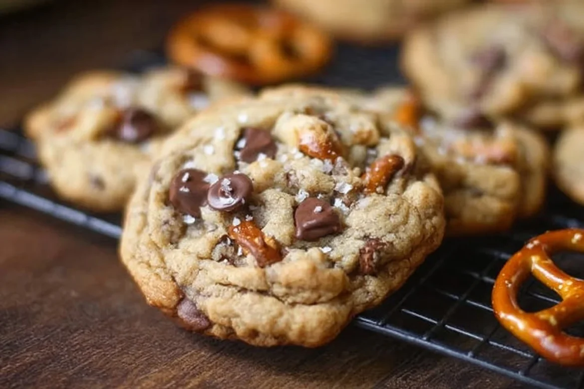 Delicious thick and chewy chocolate chip pretzel cookies on a plate.