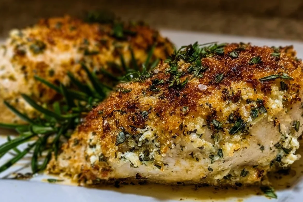 Herb-Crusted Baked Boursin Chicken served on a plate with fresh herbs.